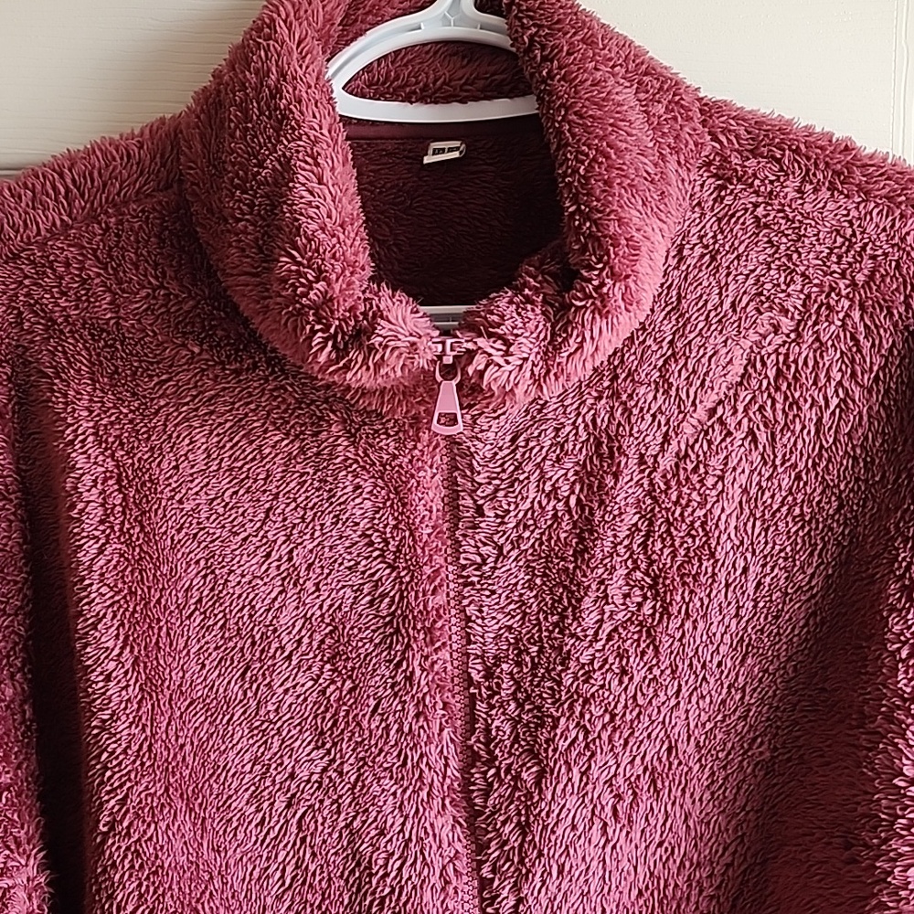 Uniqlo Maroon Sherpa Fleece Zip-Up Jacket Cozy Teddy Full Zip Coat XL - Picture 2 of 5